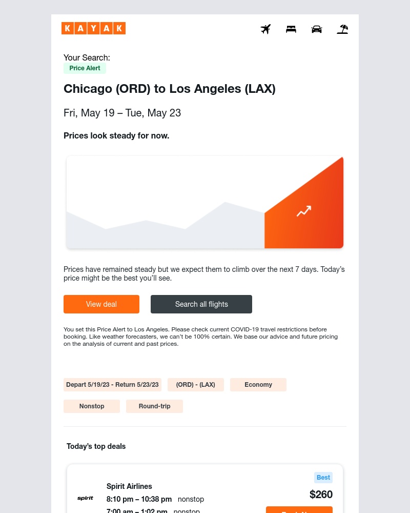 Kayak - Price Alert: Airfare holding steady for your Chicago to Los Angeles flight