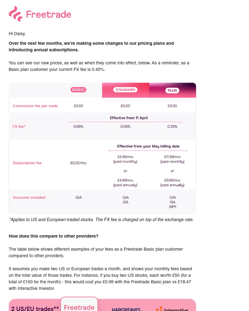 Freetrade - Price changes and annual subscriptions