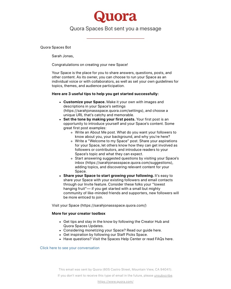 Quora - Quora Spaces Bot sent you a message on Quora