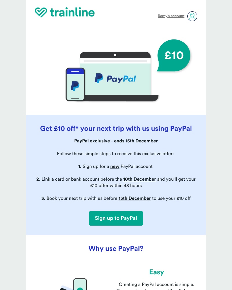 Trainline - Ramy, get £10 off your next trip with us using PayPal