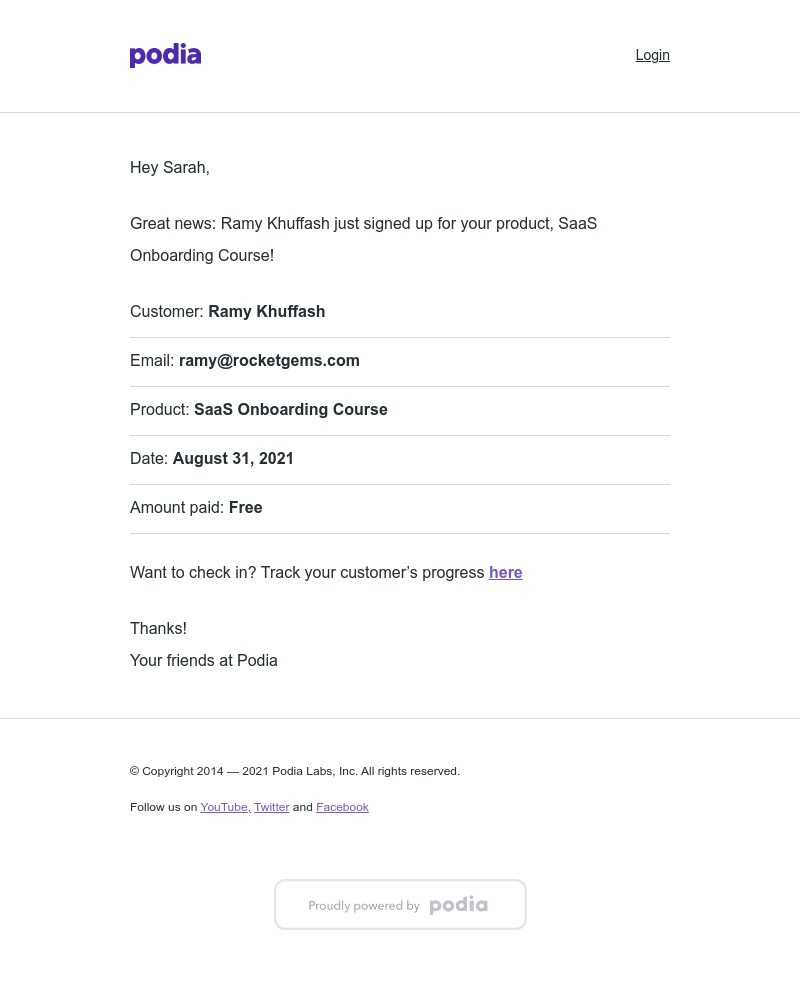 Podia - Ramy Khuffash signed up for SaaS Onboarding Course for $0