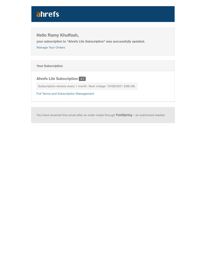 Ahrefs - Ramy Khuffash, your subscription to "Ahrefs Lite Subscription" was successfully updated.