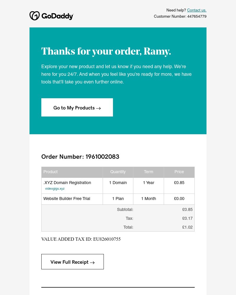 GoDaddy - Ramy, your order confirmation is inside.