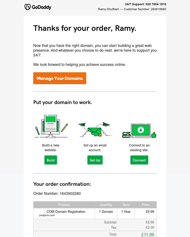 GoDaddy - Ramy, your order confirmation is inside