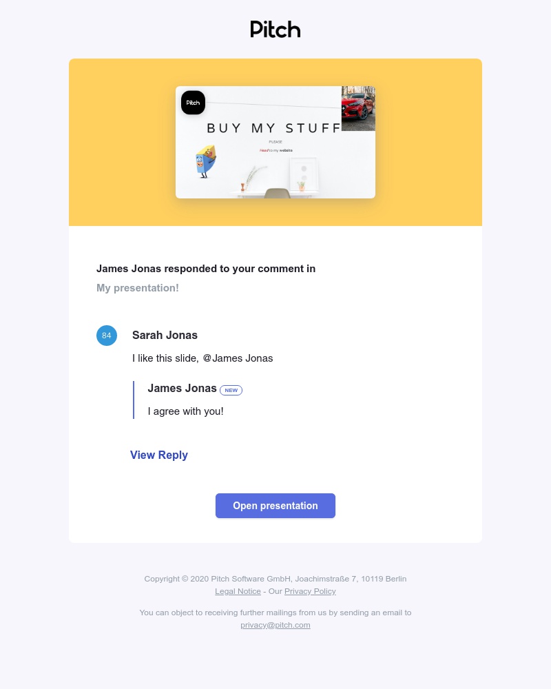 Pitch - Re: New comment on My presentation! in a thread you participated in