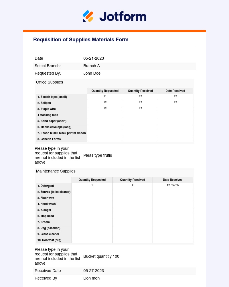 Jotform - Re: Requisition of Supplies Materials Form - Don mon