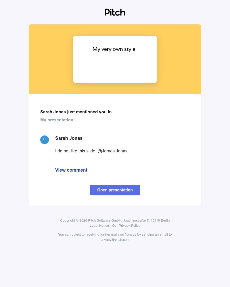 Pitch - Re: Sarah Jonas mentioned you in a comment in My presentation!