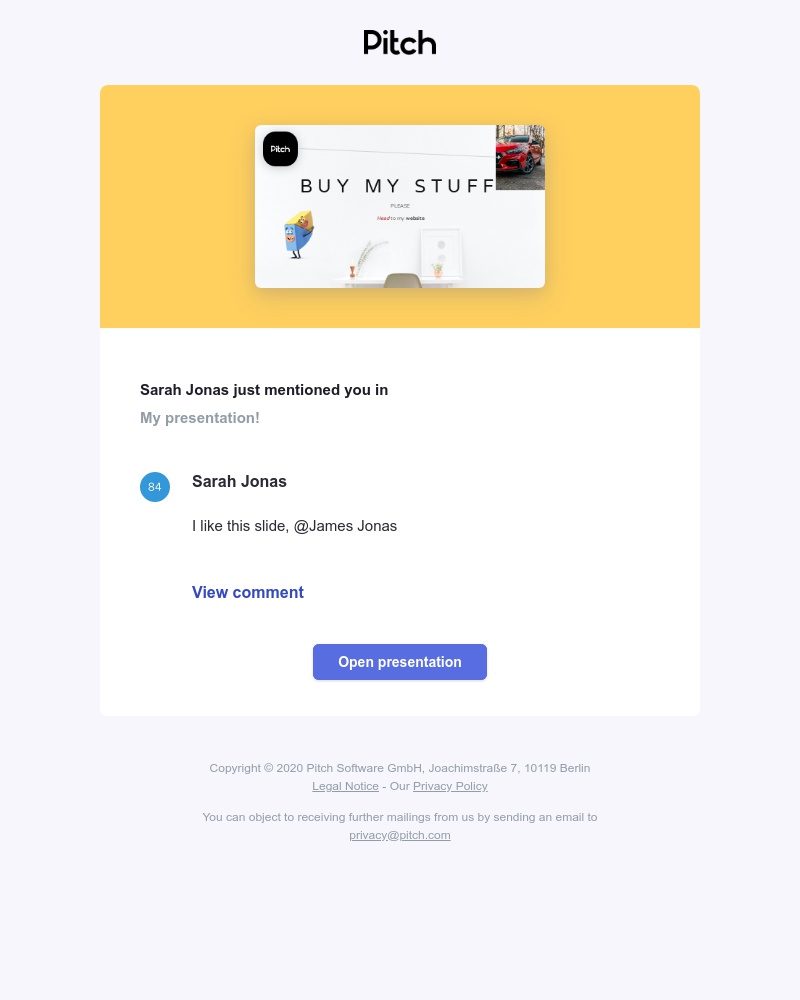 Pitch - Re: Sarah Jonas mentioned you in a comment in My presentation!