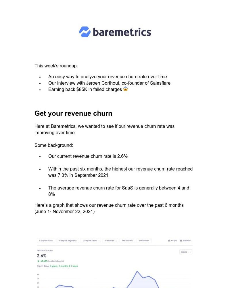 Baremetrics - Real Data Weekly #14: Revenue churn rate, our interview with Jeroen Corthout, and more!