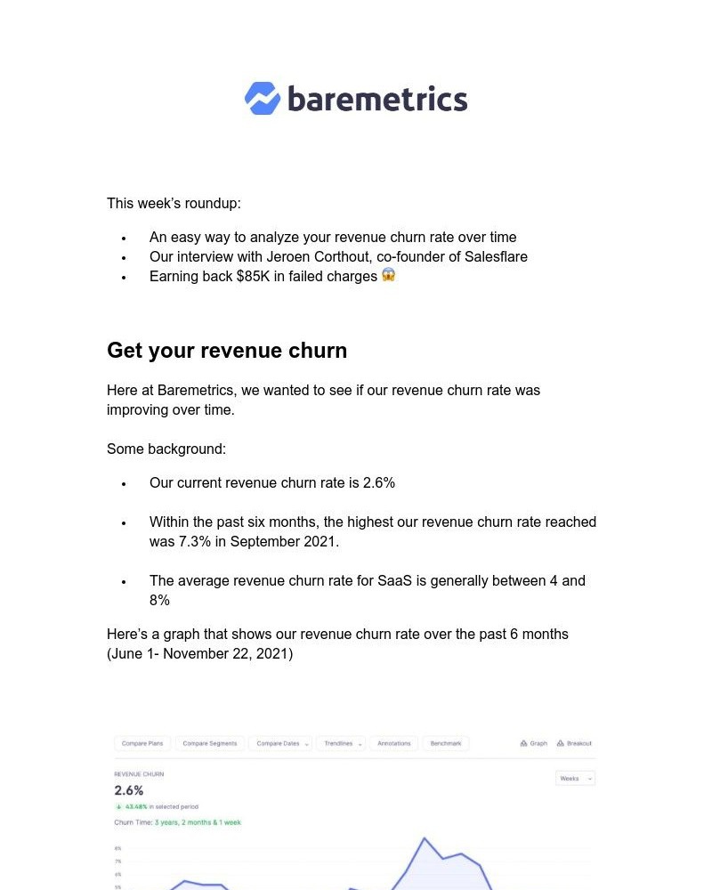 Baremetrics - Real Data Weekly #14: Revenue churn rate, our interview with Jeroen Corthout, and more!
