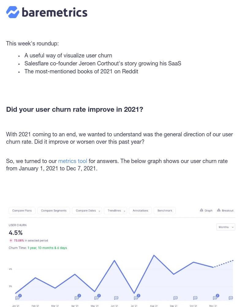 Baremetrics - Real Data Weekly #15: How we analyze our user churn rate, a new way to find good books & more!