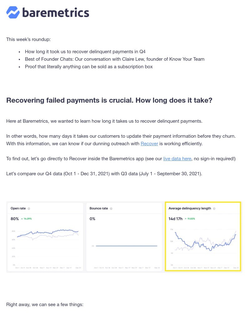Baremetrics - Real Data Weekly #17: How long it takes to recover delinquent payments, Claire Lew of Know Your Team, weird subscription boxes, and more!