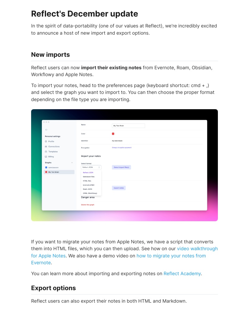 Reflect - Reflect December update - new imports for Evernote, Apple Notes and more