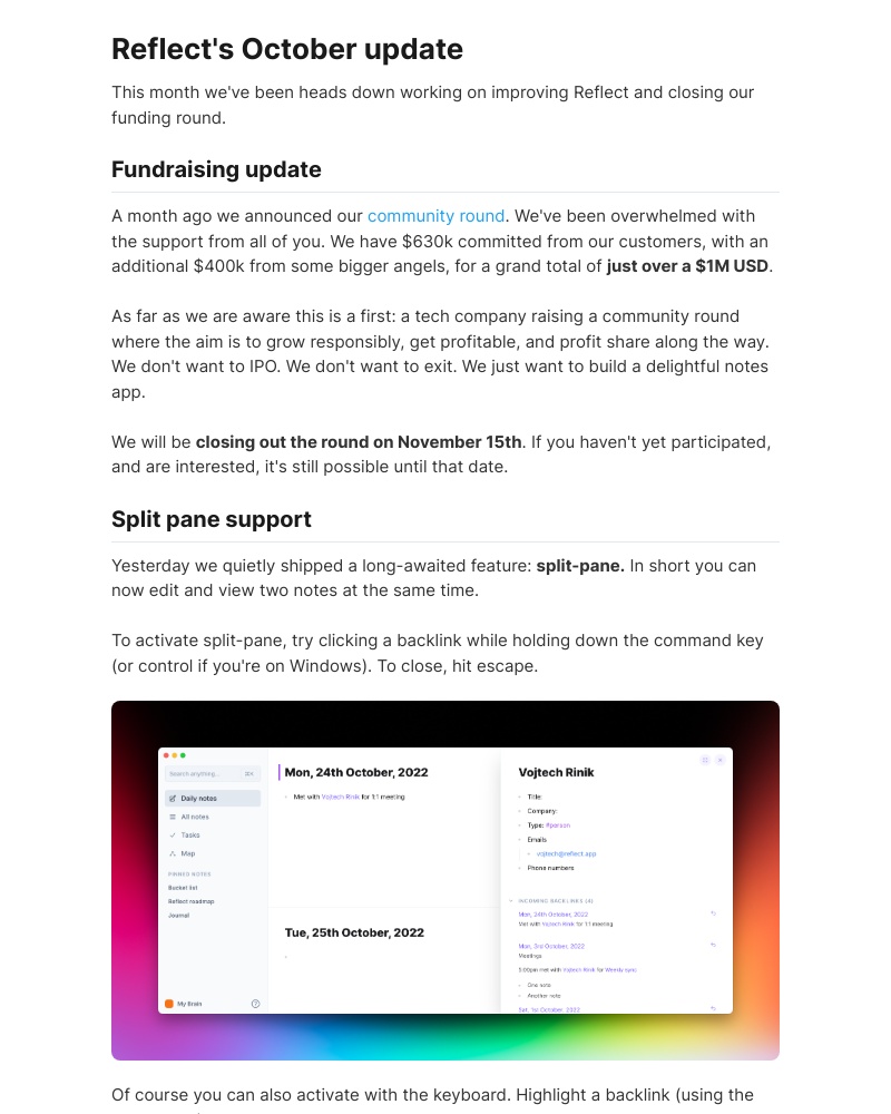 Reflect - Reflect October update - crowdfunding numbers, split-pane release, and more