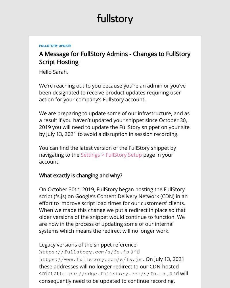 Fullstory - Reminder: Action required - Important notice regarding your FullStory account