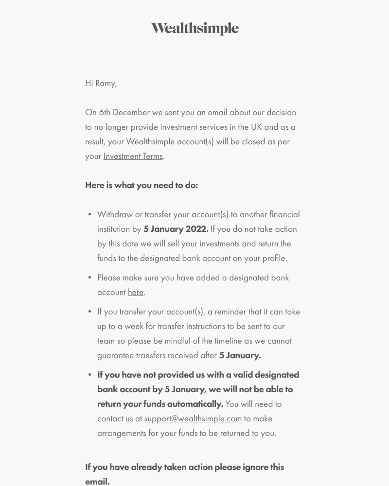 Wealthsimple - Reminder: Action required on your Wealthsimple account(s)