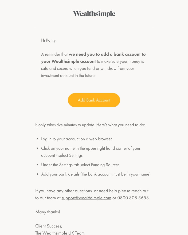 Wealthsimple - Reminder: add a bank account to your Wealthsimple account