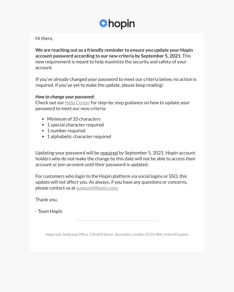 Hopin - REMINDER: Please Update your Hopin Account Password by September 5