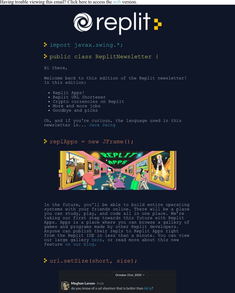 Replit - Replit Newsletter: Apps 🎮 Crypto 💰 URL Shortener ⚡️