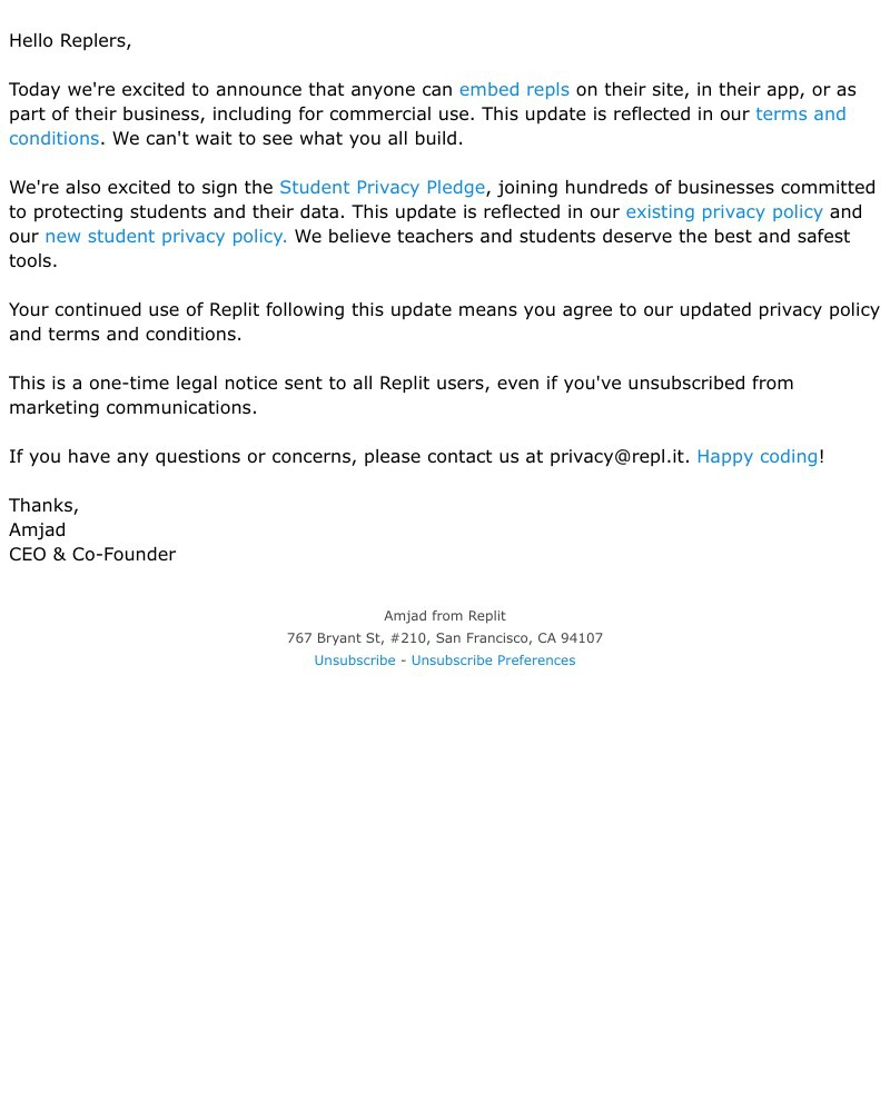 Replit - Replit privacy & terms updates: commercial embeds + student privacy pledge!