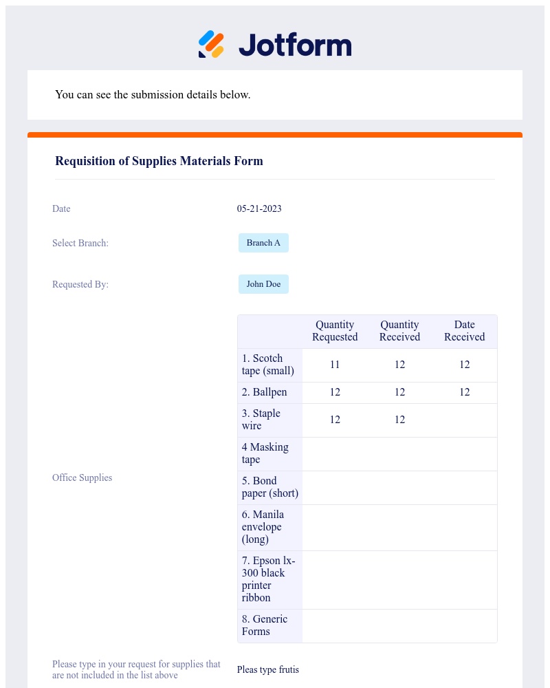 Jotform - Requisition of Supplies Materials Form Approval Report