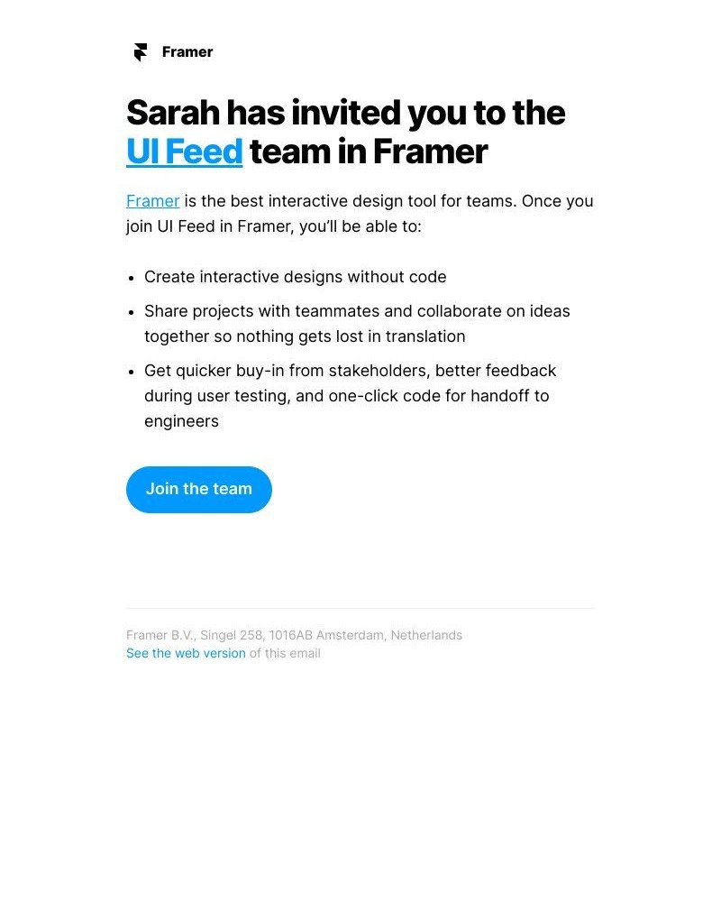 Framer - Sarah has invited you to collaborate on the 'UI Feed' team in Framer