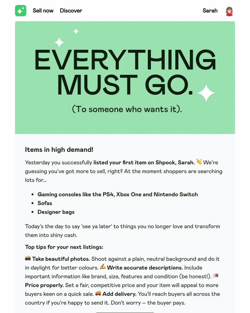 Shpock - Sarah, help your stuff find second hand happiness on Shpock! Sell now while demand is high ↗️