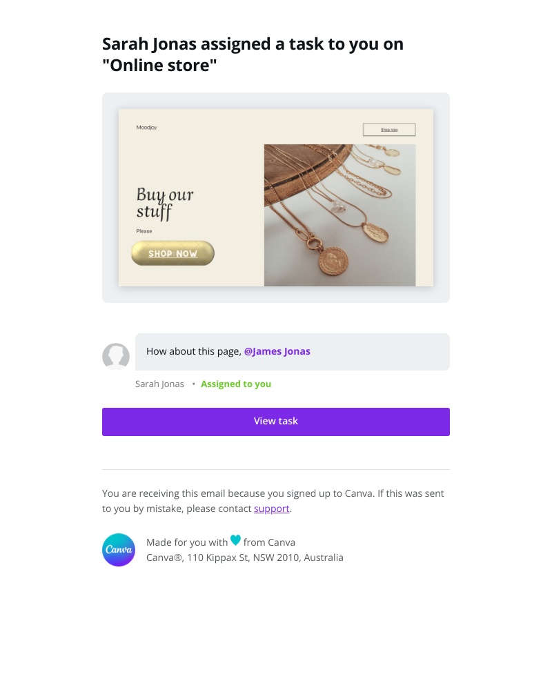 Canva - Sarah Jonas assigned a task to you on "Online store"