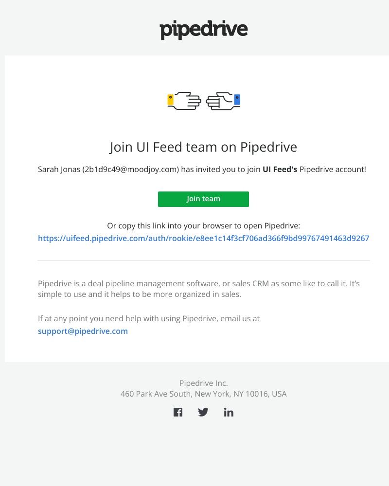 Pipedrive - Sarah Jonas has invited you to join UI Feed on Pipedrive