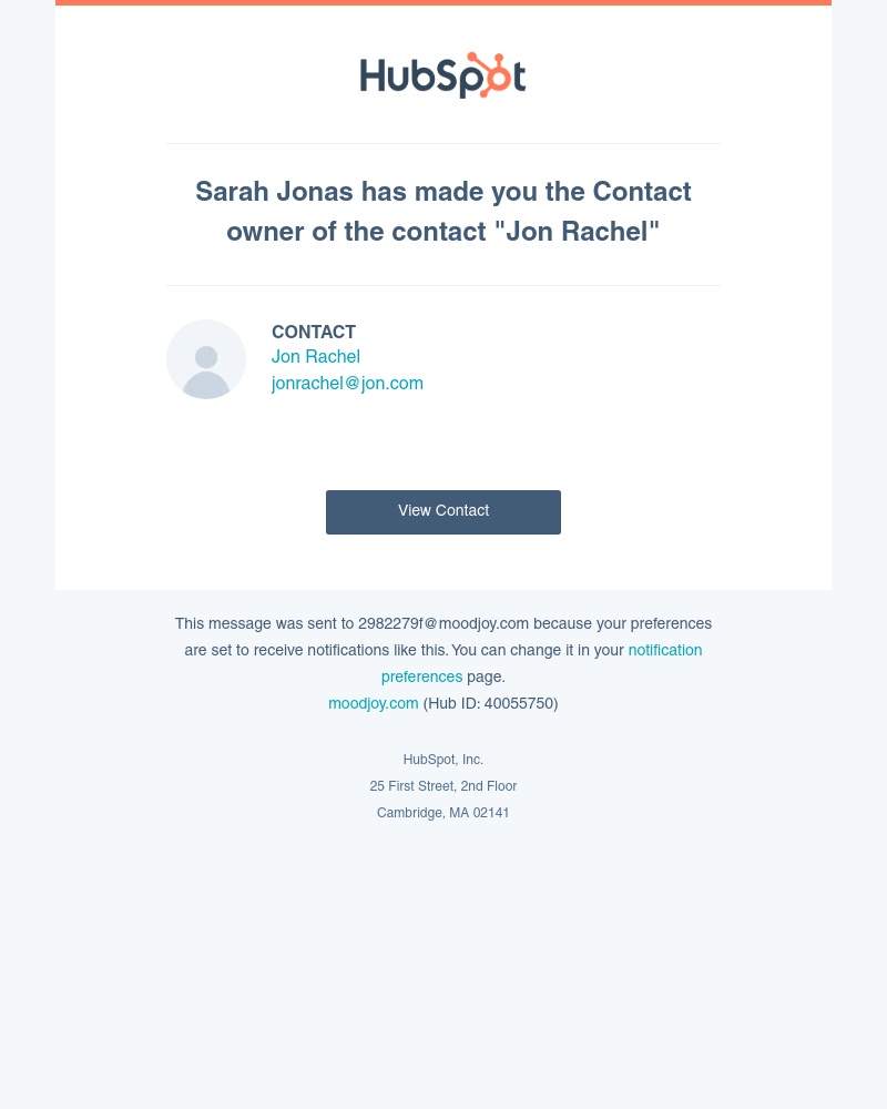 HubSpot CRM - Sarah Jonas has made you the Contact owner of the contact "Jon Rachel"