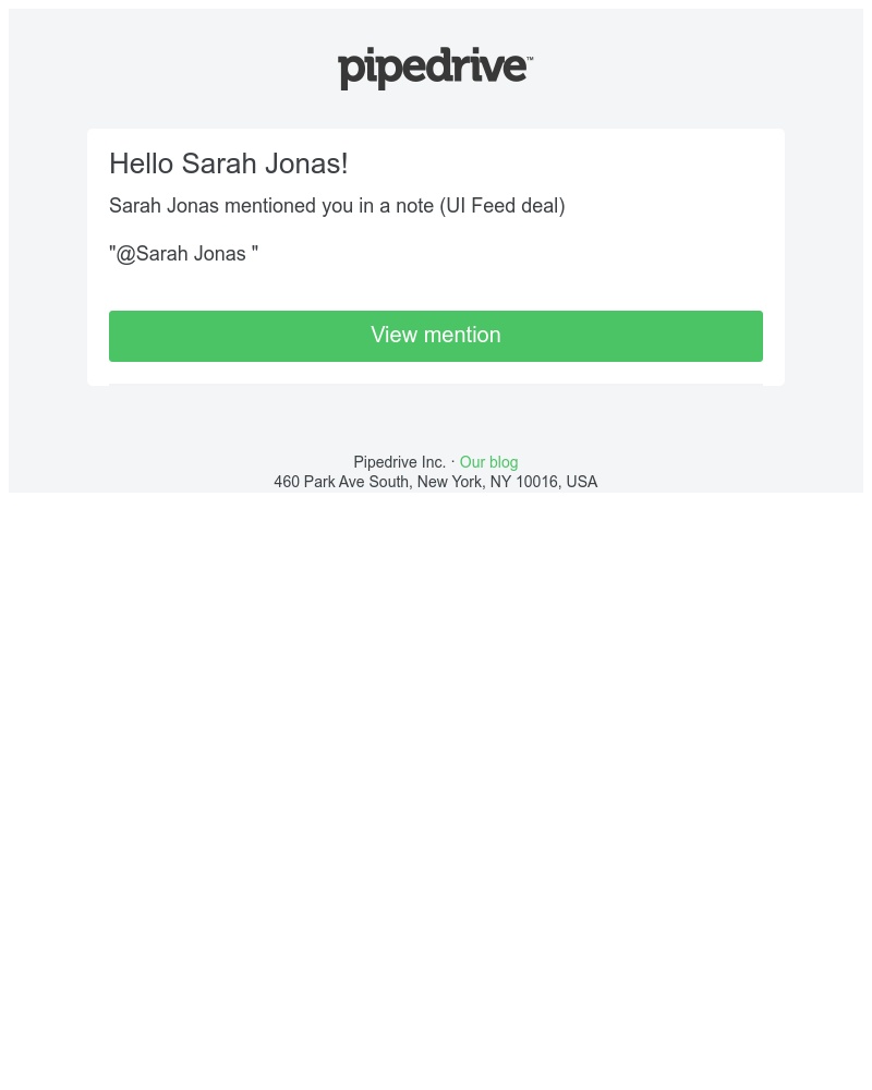 Pipedrive - Sarah Jonas mentioned you in a Pipedrive note