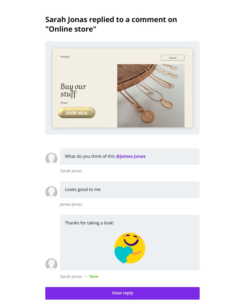 Canva - Sarah Jonas replied to a comment on "Online store"