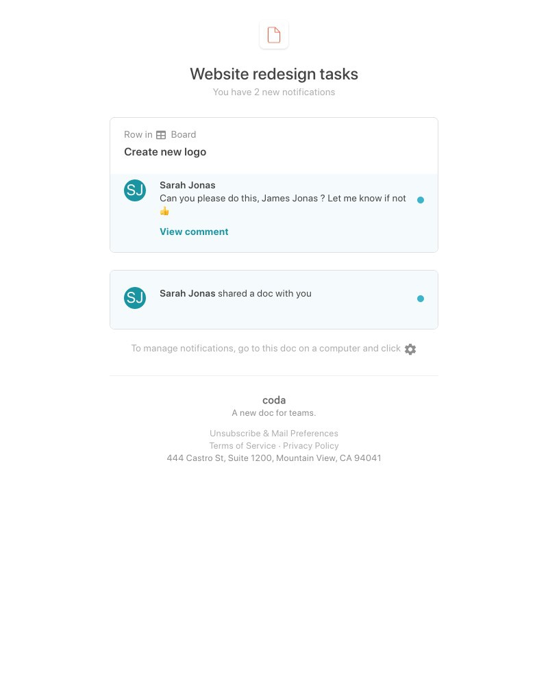 Coda - Sarah Jonas shared "Website redesign tasks" with you.