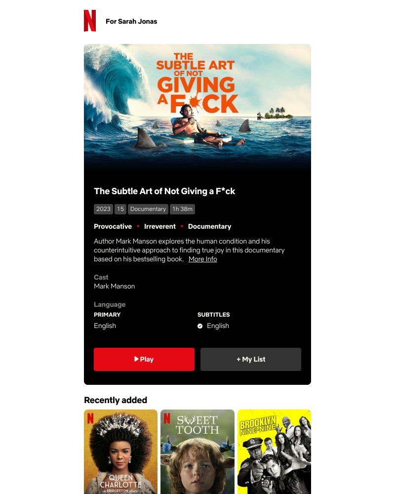 Netflix - Sarah Jonas, we've just added a documentary you might like