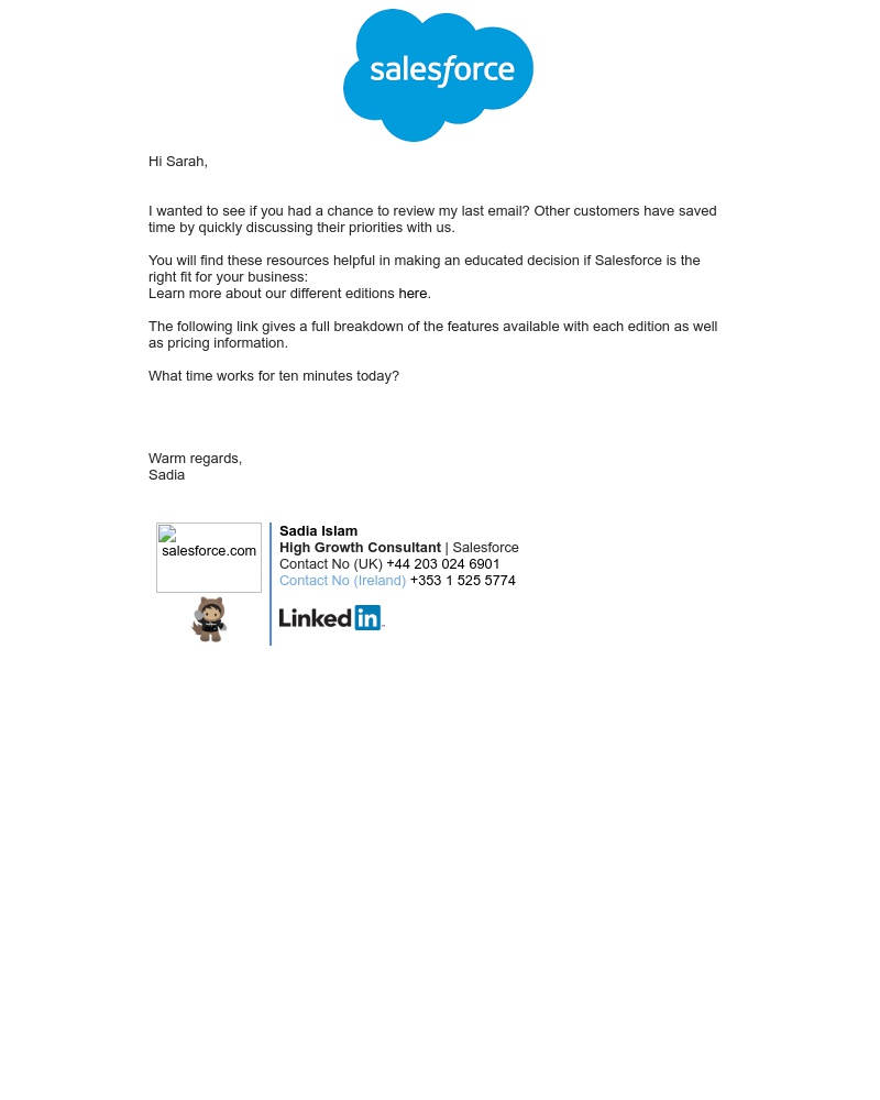 Salesforce - Sarah, Salesforce- Missed call.