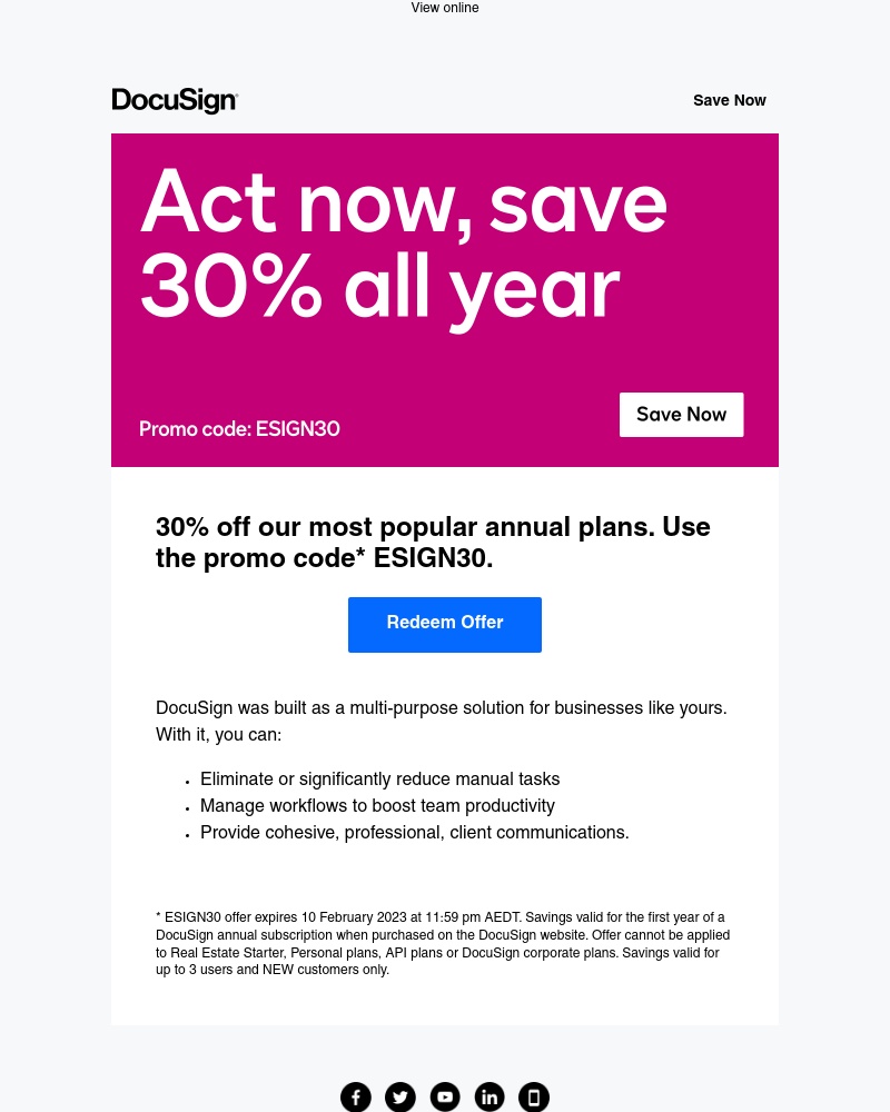 Docusign - Sarah, save 30% until Friday