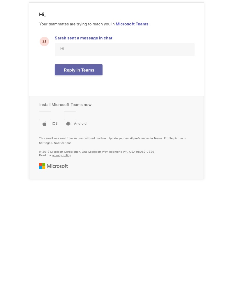 Microsoft Teams - Sarah sent a message