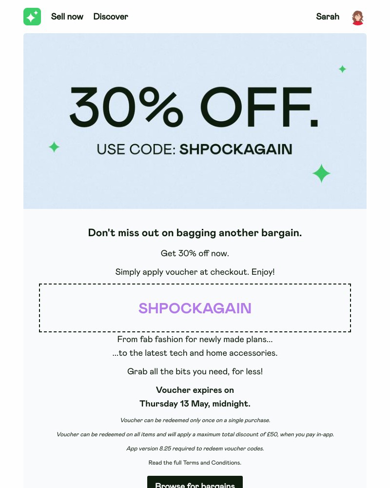 Shpock - Sarah, we miss you and you’re missing out! ✨Grab 30% off now - just apply SHPOCKAGAIN at checkout 🎉