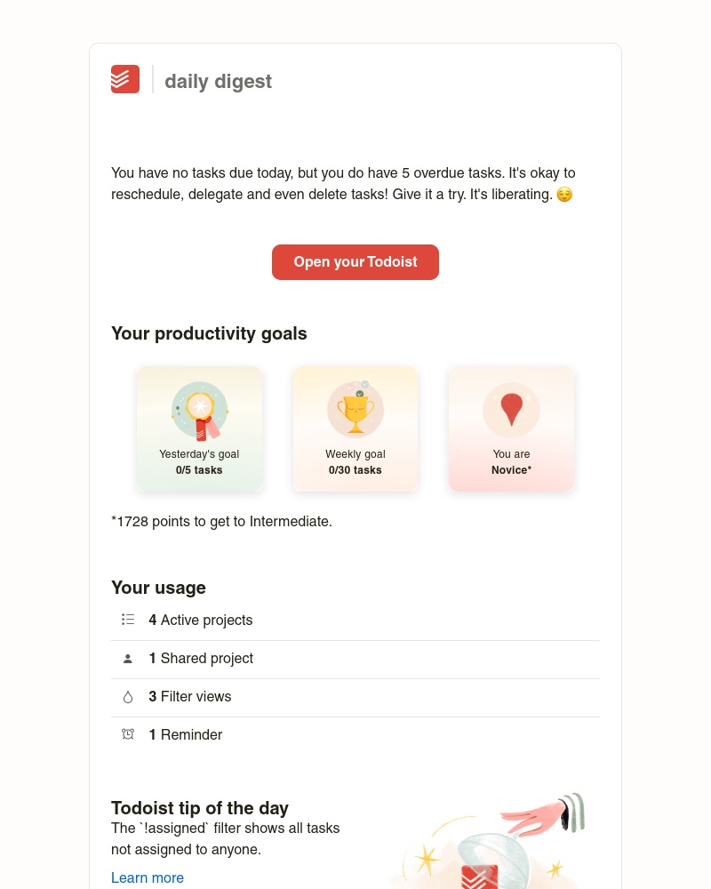 Todoist - Sarah’s task(s) for Apr 17 2023 → 5 overdue