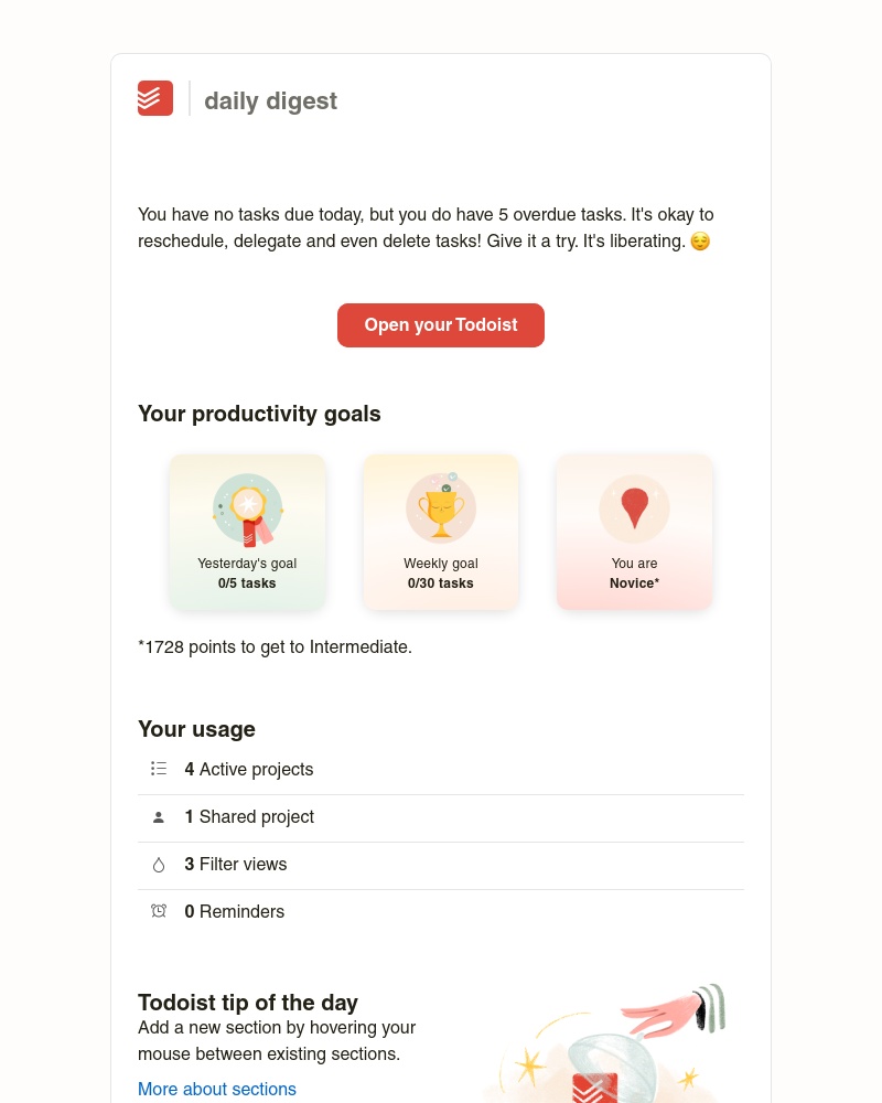 Todoist - Sarah’s task(s) for Apr 29 2023 → 5 overdue
