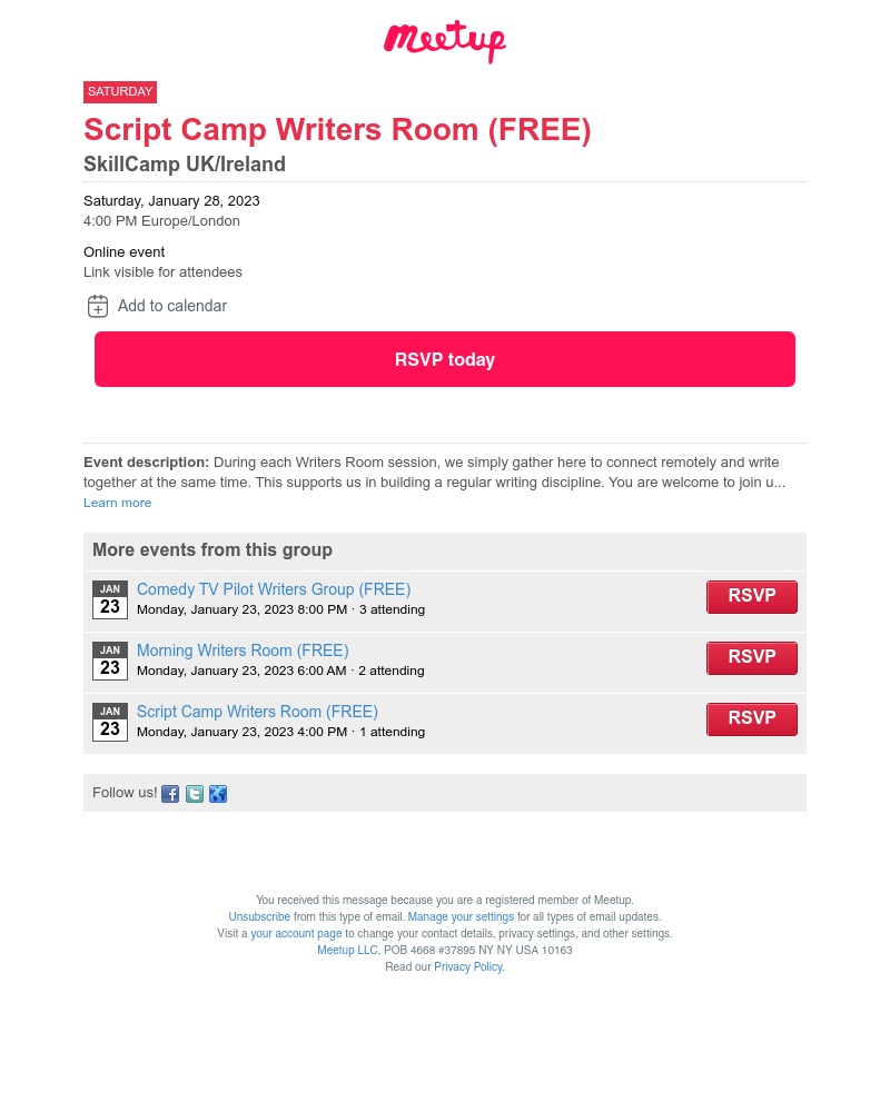 Meetup - π
Saturday: Can you make "Script Camp Writers Room (FREE)"?