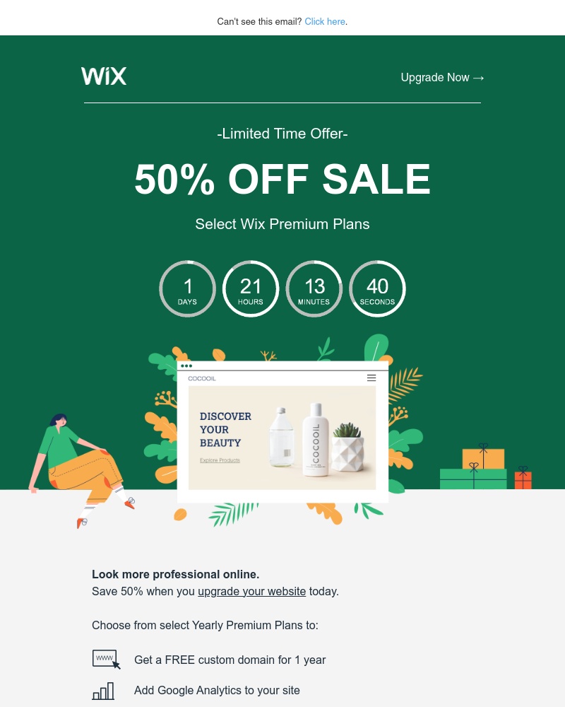 Wix - Save 50% and get a free domain when you upgrade your site today