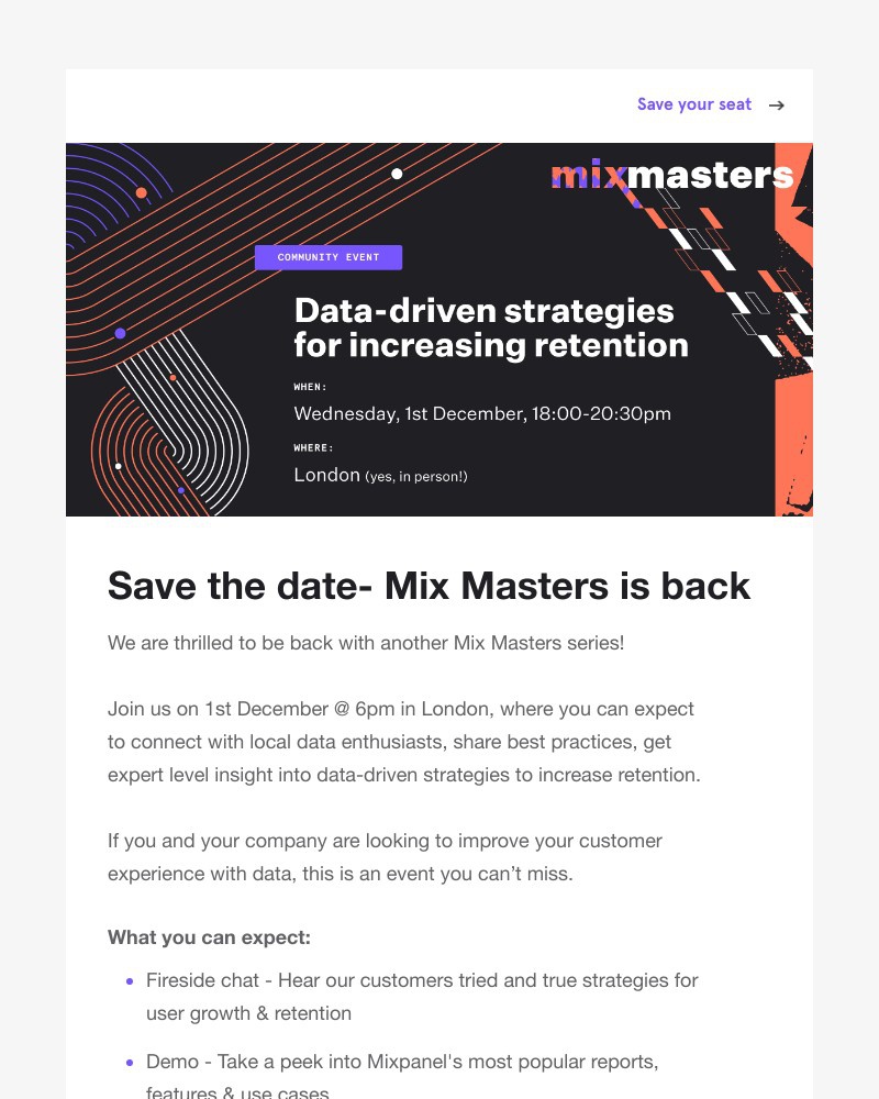 Mixpanel - Save the date! MixMasters London on 1st Dec 2021.