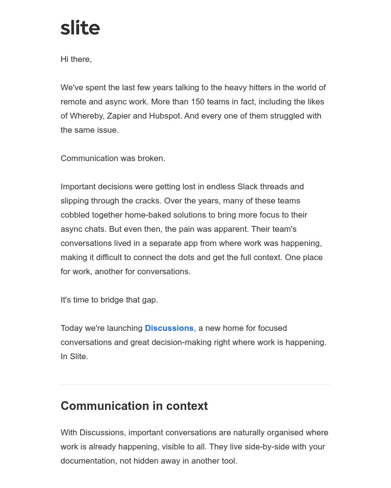 Slite - Say goodbye to endless Slack threads 👋 Slite Discussions is here.