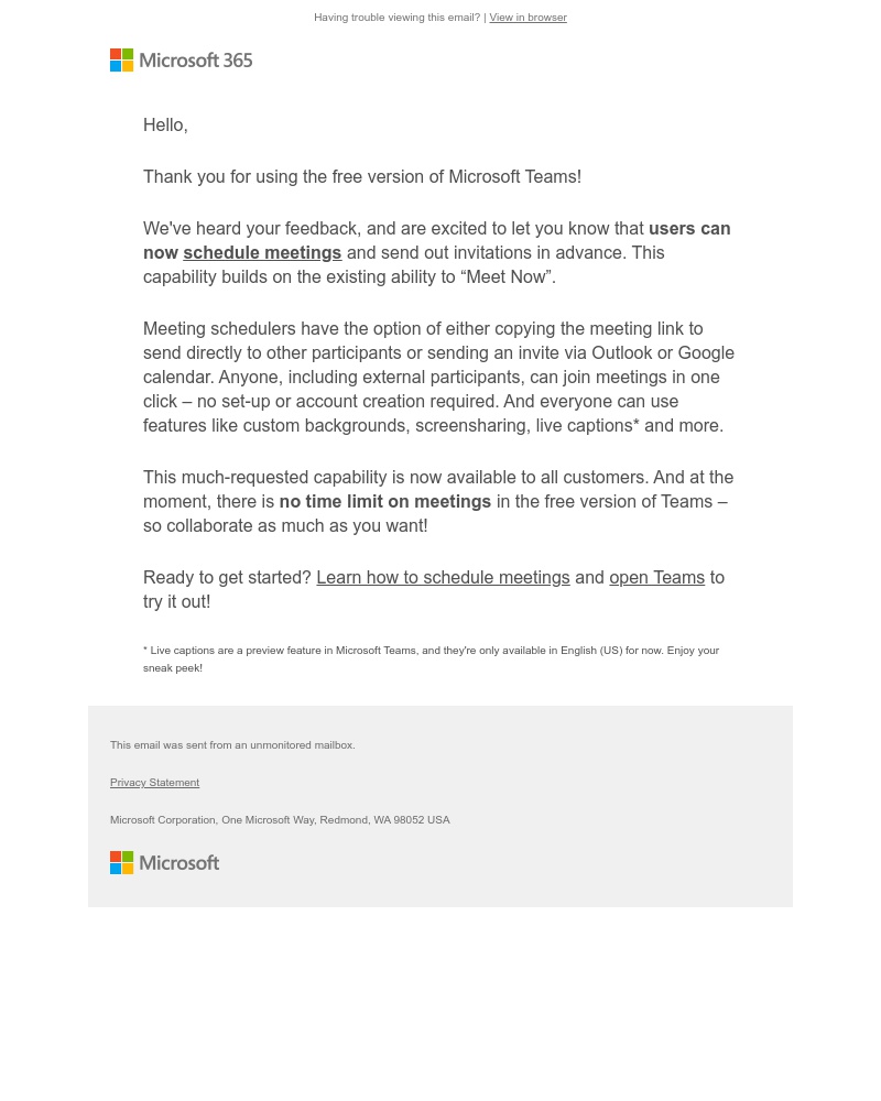 Microsoft Teams - Scheduled meetings available in the free version of Teams