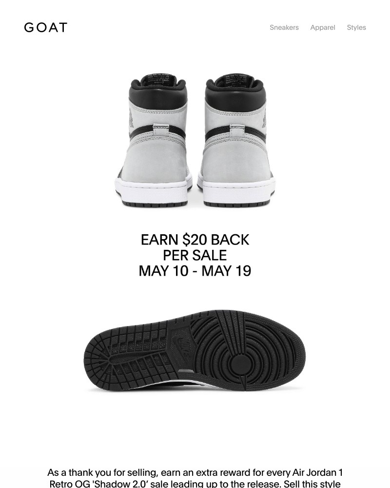 Goat - Sell any Air Jordan 1 Retro OG 'Shadow 2.0’ to earn back