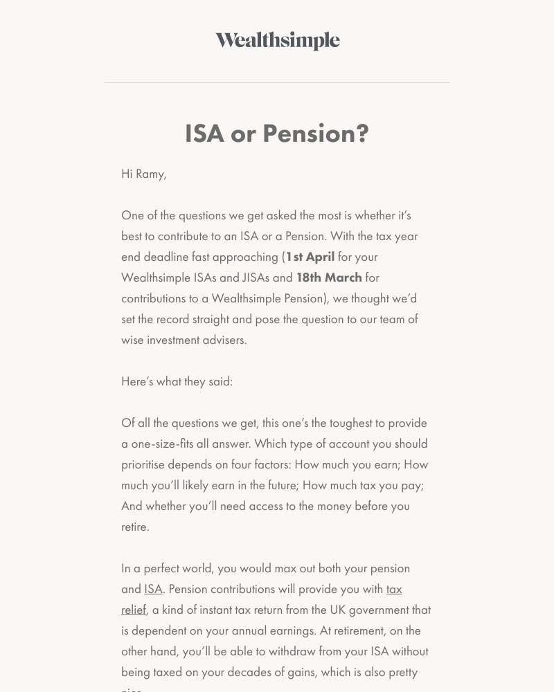 Wealthsimple - Should I contribute to an ISA or a Pension?