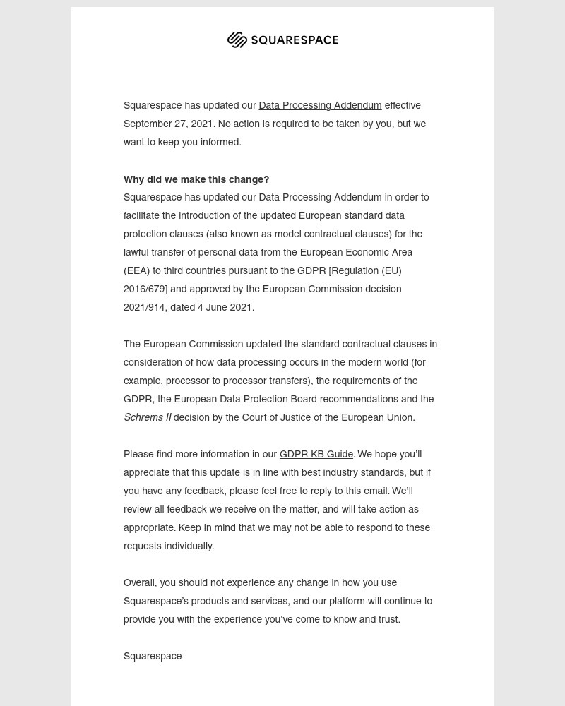 Squarespace - Squarespace Data Processing Addendum Update