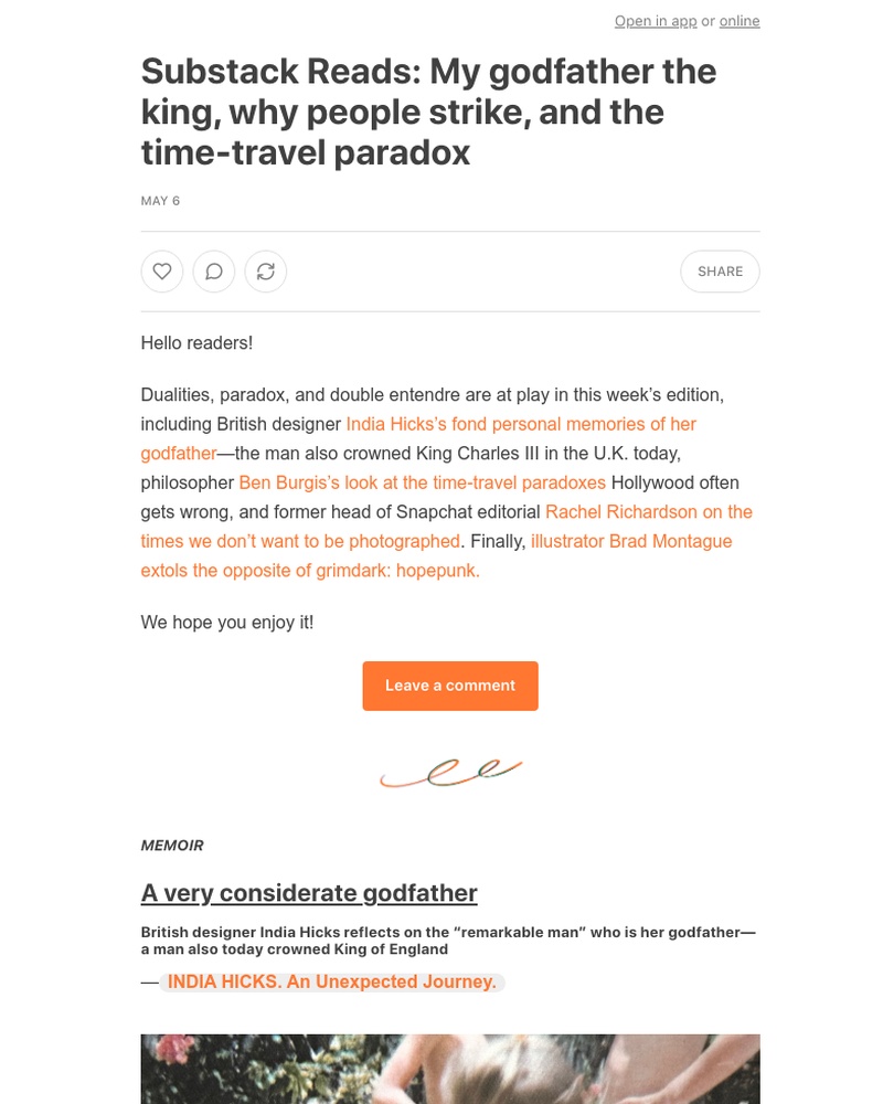 Substack - Substack Reads: My godfather the king, why people strike, and the time-travel paradox