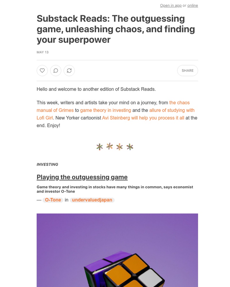 Substack - Substack Reads: The outguessing game, unleashing chaos, and finding your superpower
